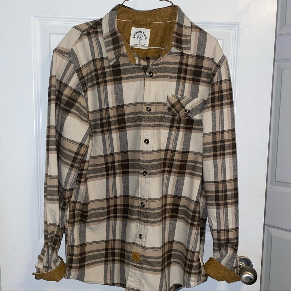 Shirt Mens Med Plaid Corduroy Trim Casual Button Up Cotton Flannel Fall